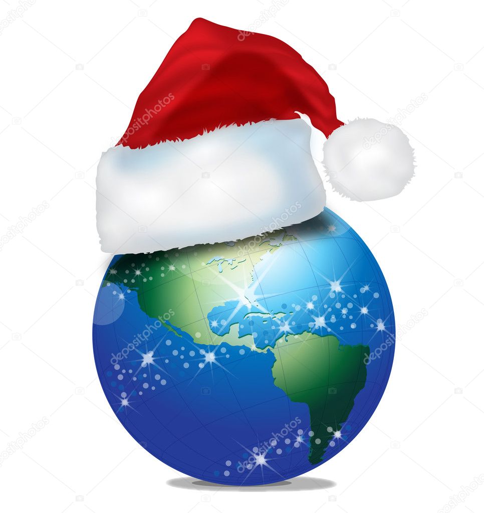 Christmas world globe with red hat