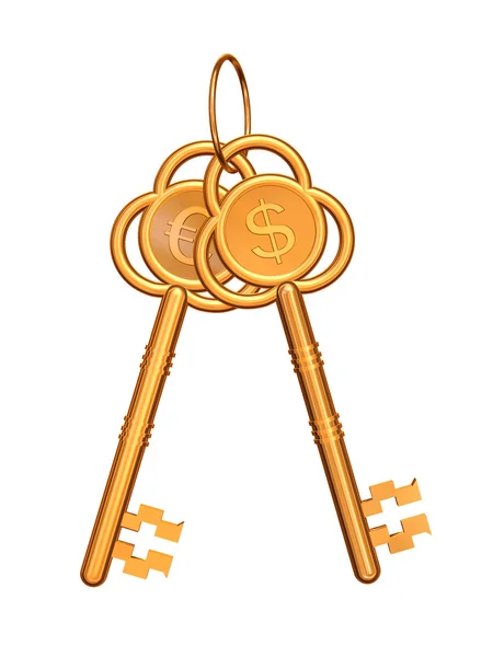 Złote klucze z euro i dolara — Zdjęcie stockowe