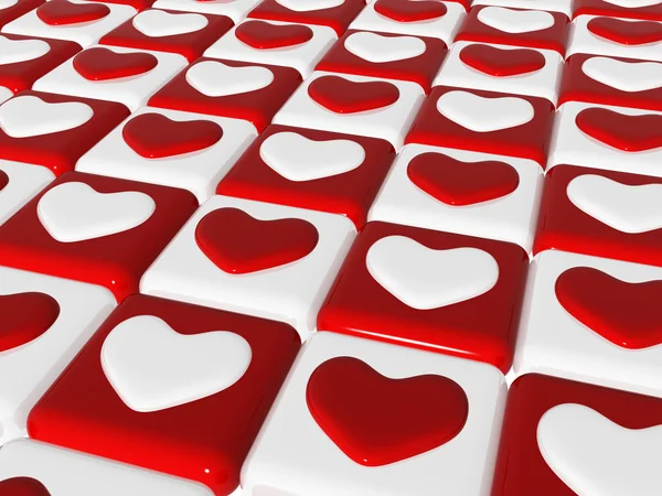 Schack älskar, 3d röda och vita hjärtan över schackbräde — Stockfoto
