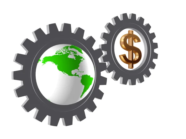 Gear-wheels with world globe and dollar — Stock Photo, Image