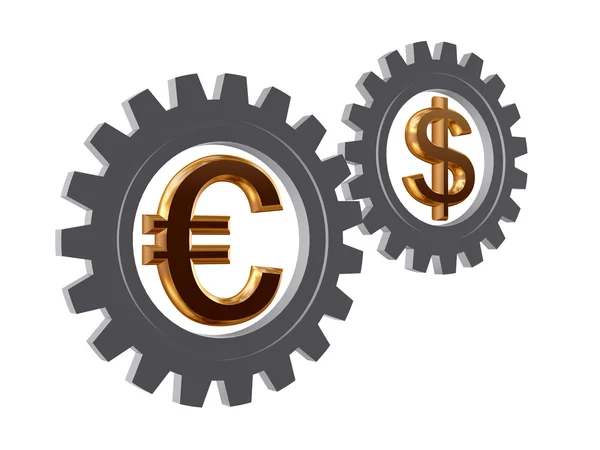 Gear-wheels with euro and dollar — Stock Photo, Image