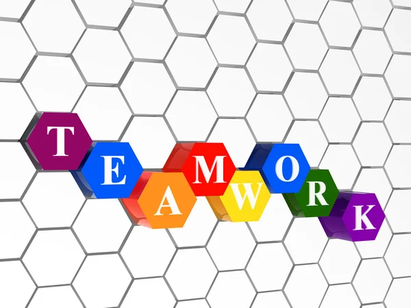Teamwork in colour hexahedrons in cellular structure — Stock Photo, Image