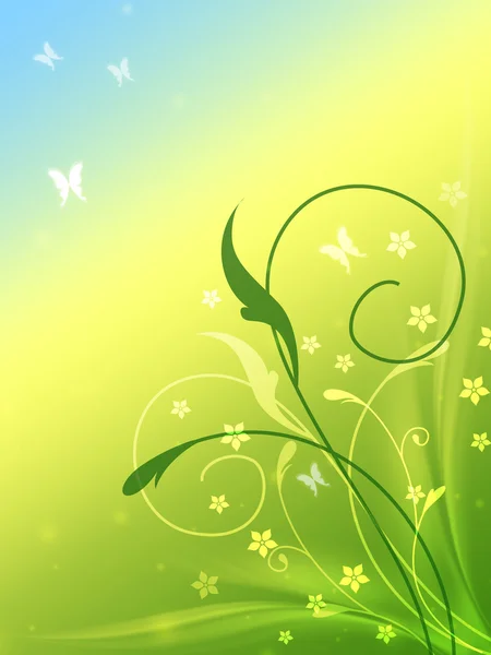 Frühlingsblumen mit Schmetterlingen in blau, gelb und grün — Stockfoto