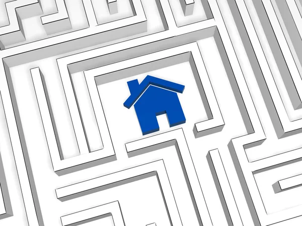 Blue house symbol in labyrinth — Stock Photo, Image