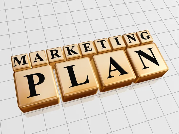 Marketing plan – golden boxes with black letters — Stock Photo, Image