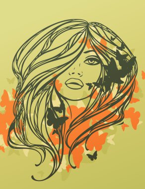 Kelebekler ile uzun saçlı seksi kız portresi. vektör illus