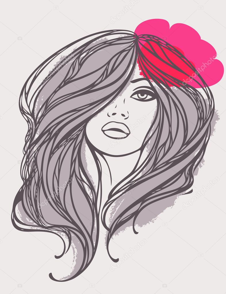 Portrait of long haired girl with red flower. Vector illustration.