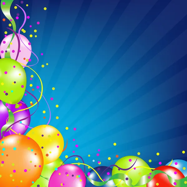 Antecedentes de aniversário com balões e sunburst — Vetor de Stock