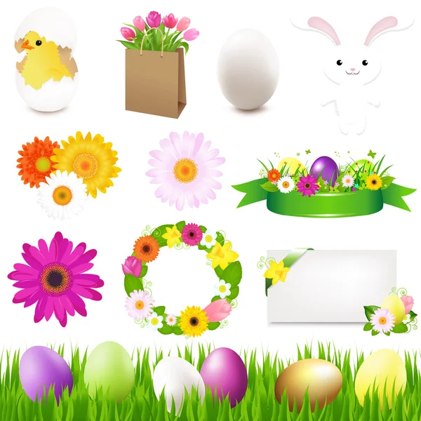 Happy Easter Icons And Green Grass — Stock Vector