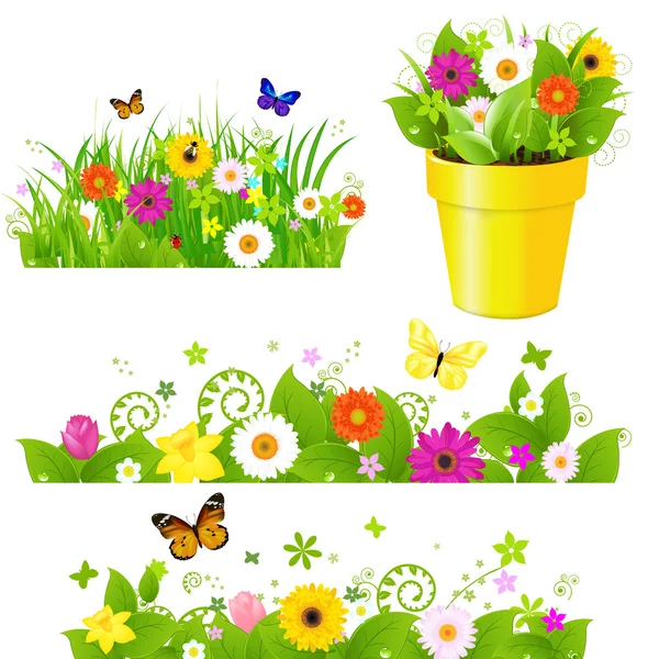 Grama verde com conjunto de flores — Vetor de Stock
