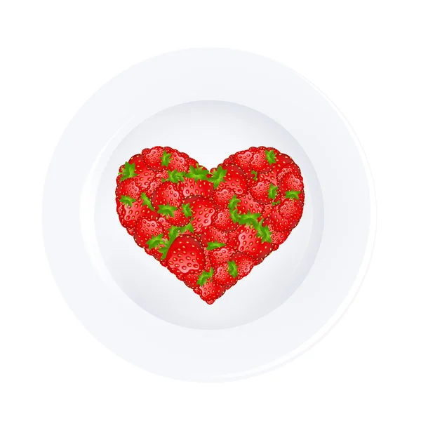 접시에 딸기에서 심장 — 스톡 벡터