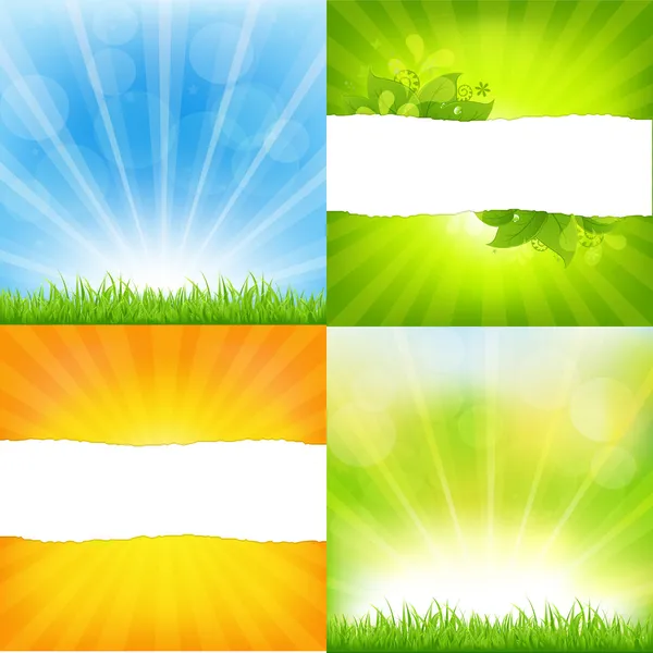 Green And Orange Backgrounds With Sunburst — Stock Vector