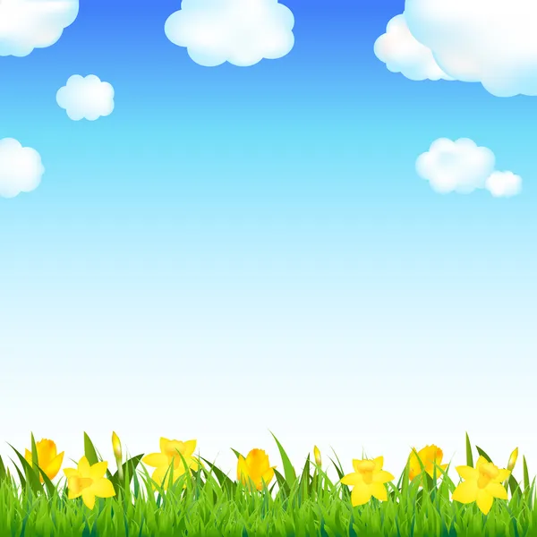 Prado de flores com grama e nuvem —  Vetores de Stock