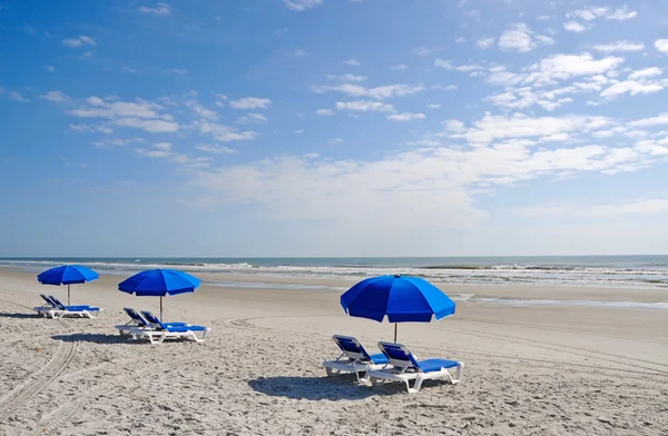 Reihe Liegestühle mit blauen Sonnenschirmen — Stockfoto