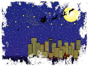Santa Claus mit Rentierschlitten über City- Skyline