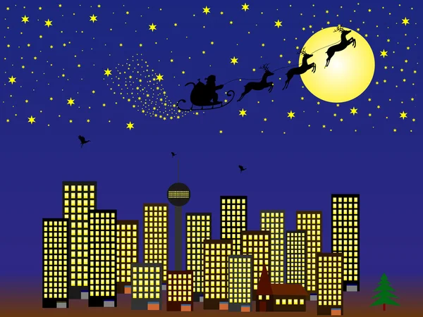 Santa Claus mit Rentierschlitten über Ciudad-Skyline — Vector de stock