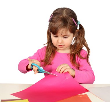Little Child Girl Cutting with Scissors