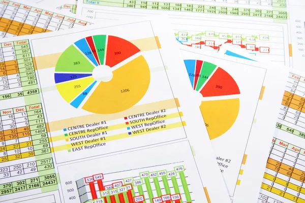 Färgglada försäljningsrapport i siffror, diagram och diagram — Stockfoto