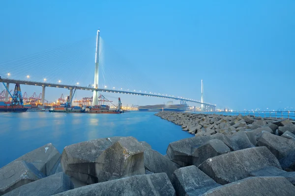 Container terminal og stenhugger bro i Hongkong - Stock-foto