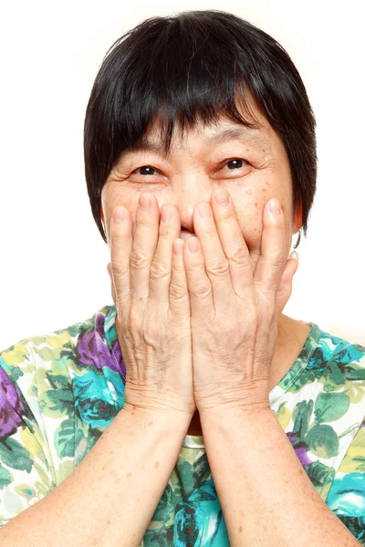Asian woman use hand cover her mouth — Stock Photo, Image