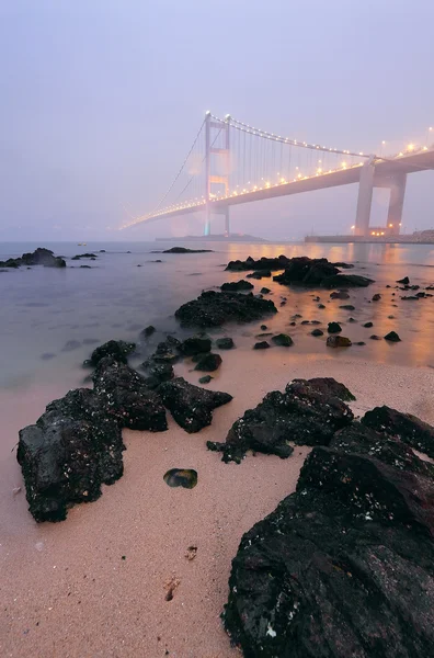 Rocks on the beach and bridge in mist — Stock Photo, Image