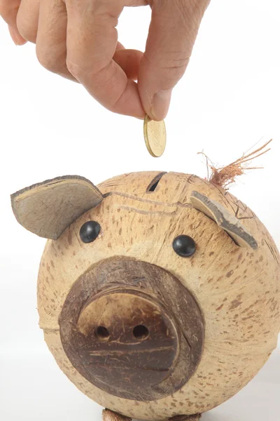 Saving, male hand putting a coin into piggy bank. Stock Photo