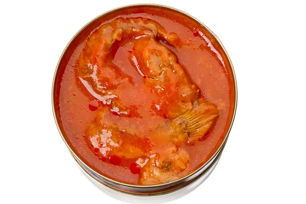 Tin can with fish in tomato sauce — Stock Photo, Image