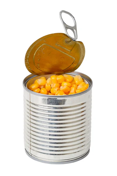 Ingeblikte maïs in een tin — Stockfoto