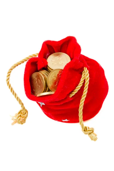 Rote Tasche mit Münzen — Stockfoto