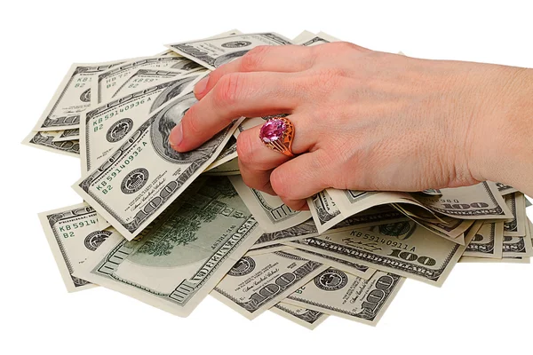 Monter des dollars à la main avec une bague — Photo