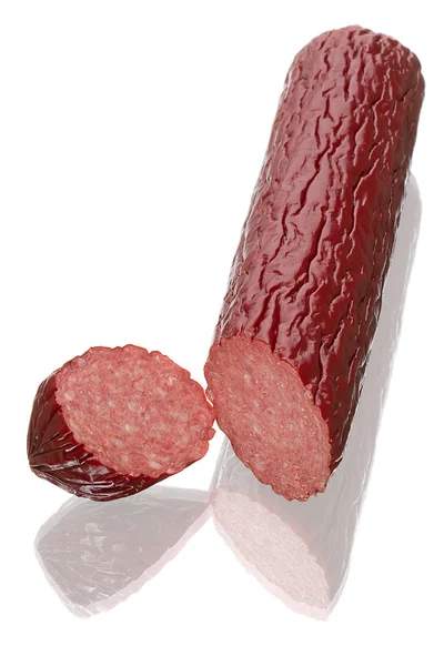 Smoked sausage with reflection on white — Stock Photo, Image