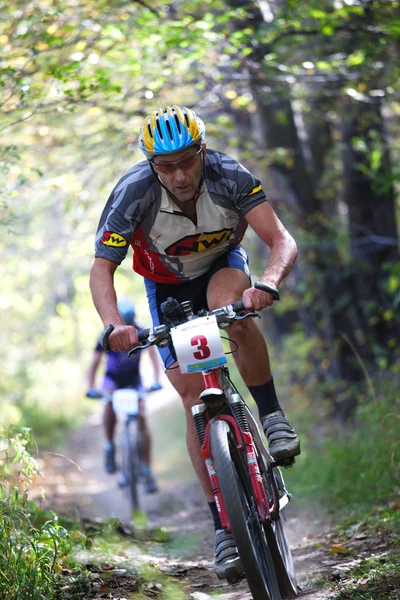 Competição de mountain bike na floresta — Fotografia de Stock