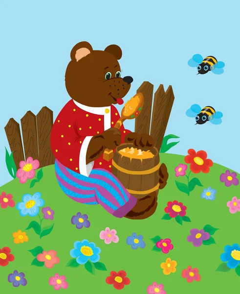 Medvěd na trávníku s zadek medu a včely — Stockový vektor