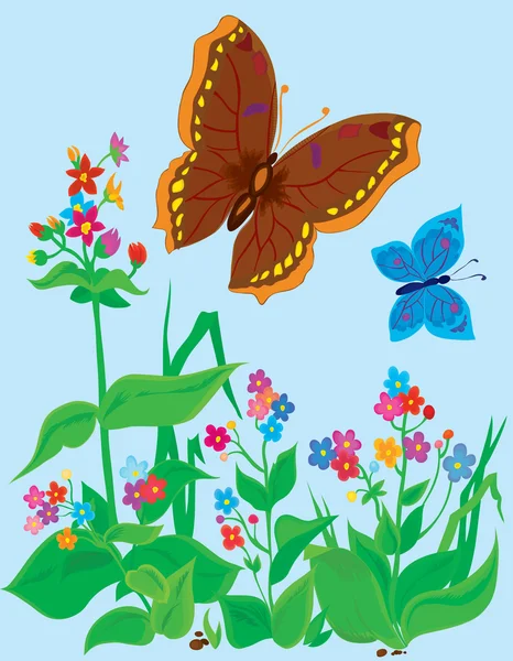 Τοπίο του καλοκαιριού. Πεταλούδες με λουλούδια — Διανυσματικό Αρχείο