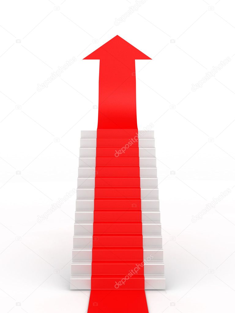 Stairs leading up with arrow. 3D image