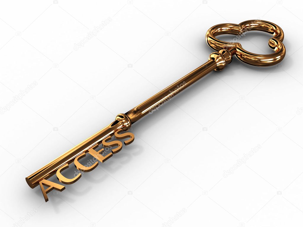 Gold access key on white background. 3D image