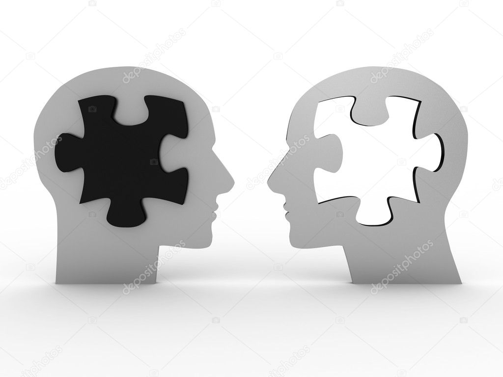 Two heads with a puzzle. 3D image