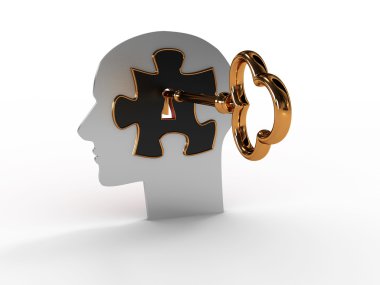 Head with a puzzle and key. 3D image clipart