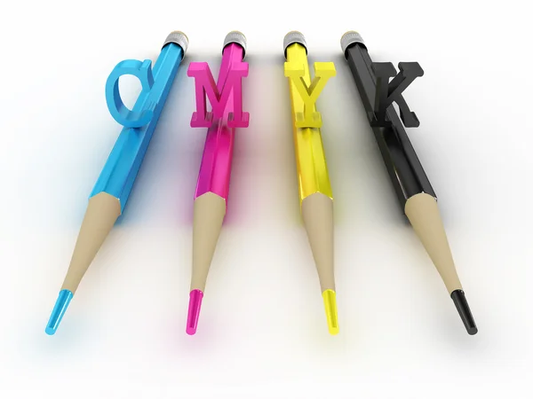 Barevné tužky CMYK izolované na bílém pozadí. 3D obrázek — Stock fotografie