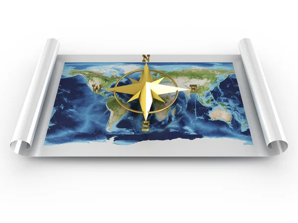 Kompas z mapą świata. obraz 3D — Zdjęcie stockowe