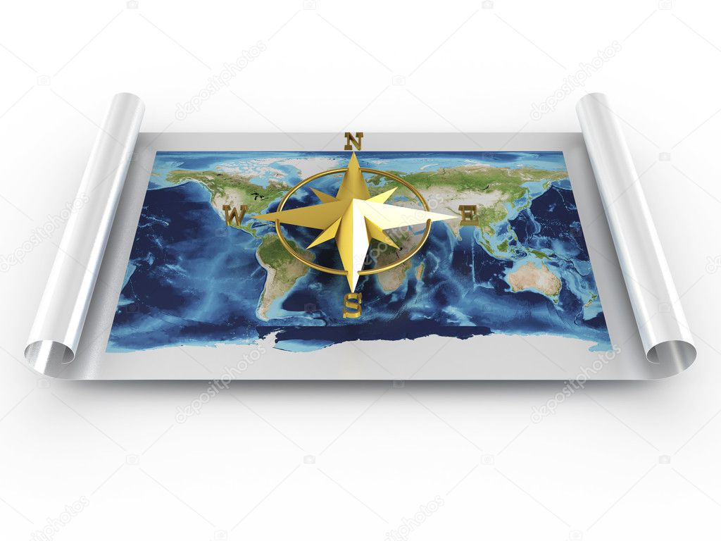 Compass with map of world. 3D image
