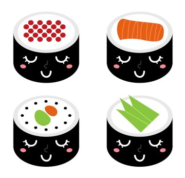 sevimli çizgi sushi set üzerinde beyaz izole