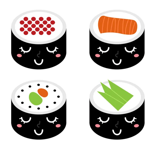 Bonito desenho animado Sushi conjunto isolado em branco — Vetor de Stock