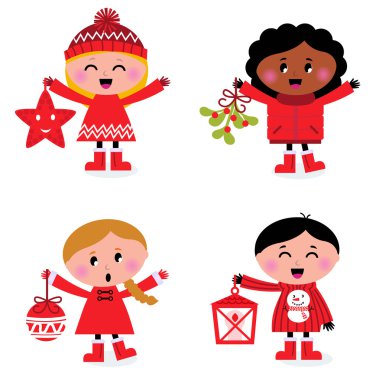 Caroling christmas kids collection isolated on white clipart