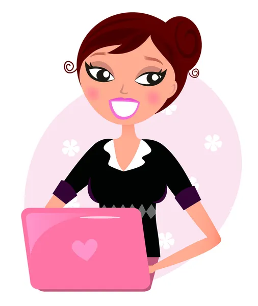 办公室深色头发的女人用粉红色的笔记本电脑 — 图库矢量图片