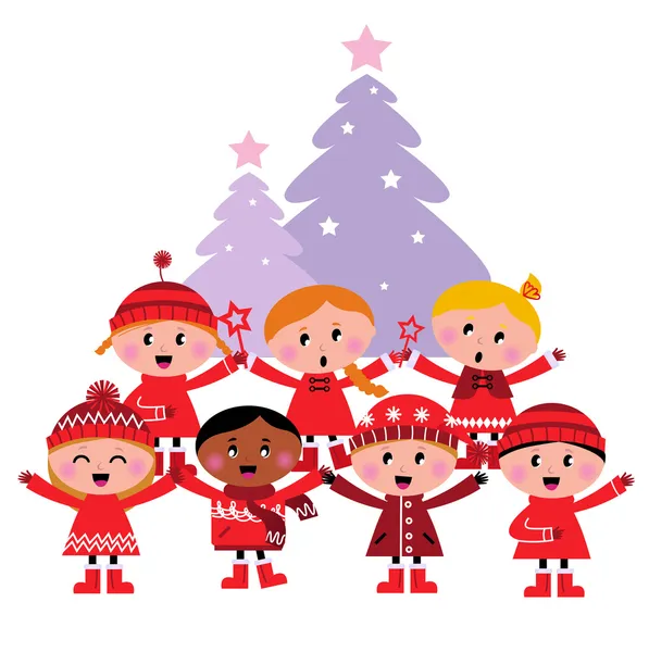 Schattig multiculturele caroling kinderen, kerstboom — Stockvector