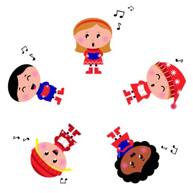 Winter kids singing Silent Night song clipart