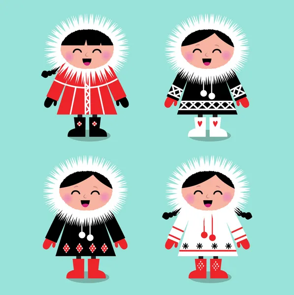 Mignon eskimo enfants groupe isolé sur blanc (vecteur  ) — Image vectorielle