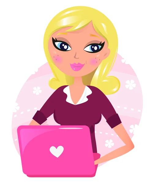 Niedliche blonde Sekretärin mit rosa Laptop isoliert auf weiß — Stockvektor