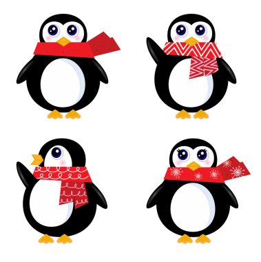 Christmas retro Penguin set isolated on white ( red ) clipart